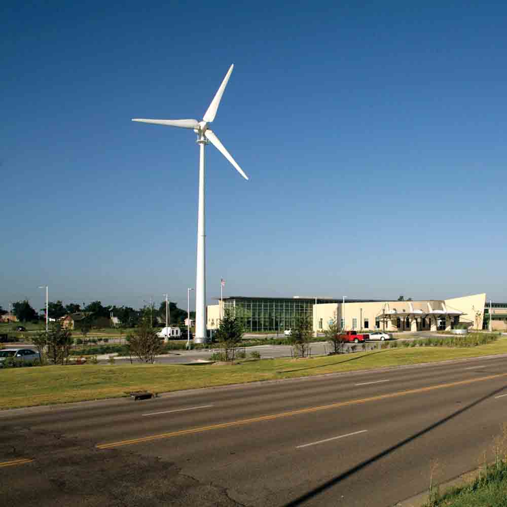 Kiowa County Memorial Hospital in Kansas rebuilt after a massive 2007 tornado with a 100 percent renewable wind energy system. Health Care Without Harm works to reduce the environmental footprint of the health care sector.